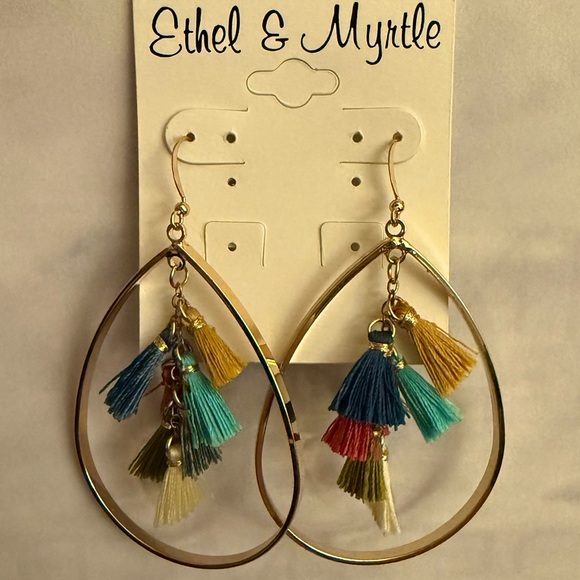 Ethel & Myrtle Gold Teardrop Dangle Earrings with Multicolor Tassels, 3” Drop - Picture 8 of 12